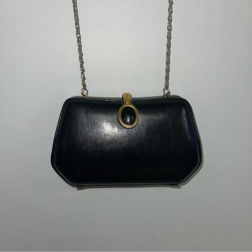 Vintage Farnell Paris Clutch Evening‎ Crossbody Bag Black Gold 1980s Solid Purse